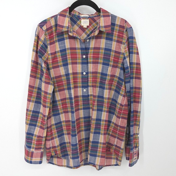 J.Crew Tops - J Crew Plaid Popover Top Womens Small Red Multi Boy Fit Cotton Preppy Academia